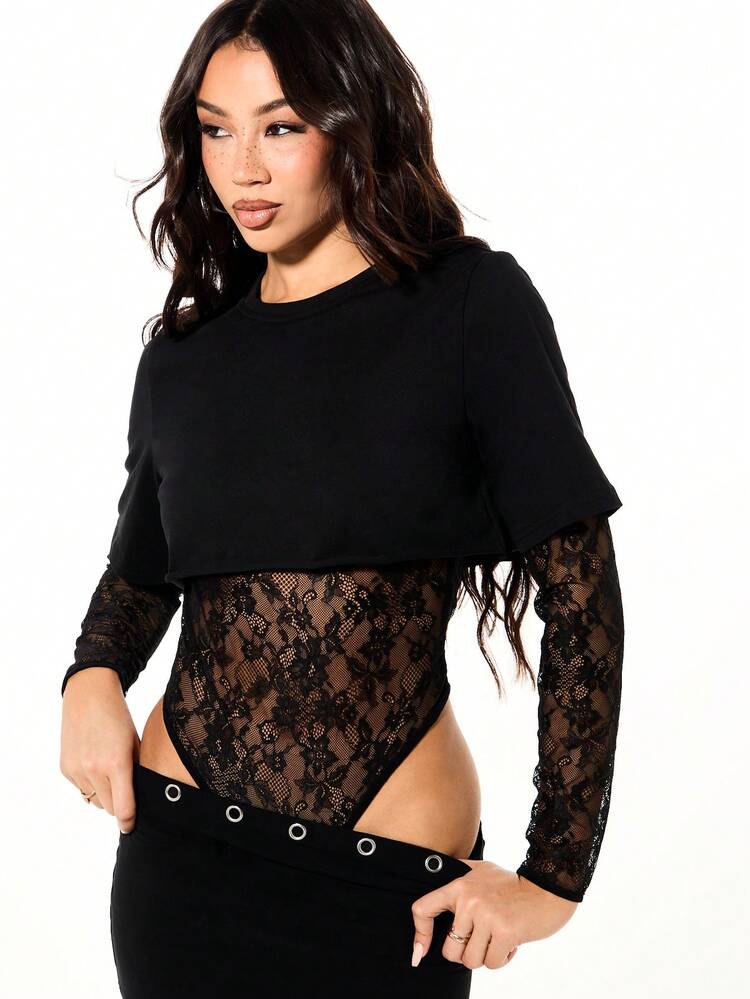 SUMWON WOMEN Long Sleeve Lace Panel Bodysuit