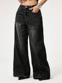 ROMWE Grunge Punk Y2K Punk Distressed Butterfly Embroidered Vintage Washed Loose Wide Leg Jeans - Black - View 4