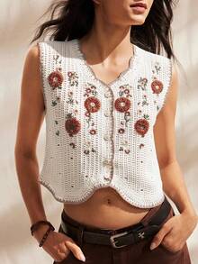 Easelle Áo len không tay thêu hoa thanh lịch dành cho nữ, phong cách Bohemia Boho Chic, thích hợp cho mùa hè, mùa xuân, đi biển hoặc du lịch. - Màu be - Xem 10