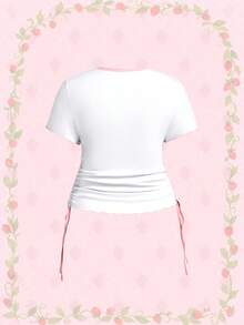 Strawberry Shortcake | ROMWE Áo thun tay ngắn xếp ly in hình hoạt hình cỡ lớn mùa hè - màu đen - Xem 2