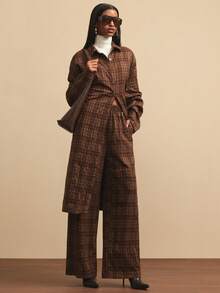 NYA SZN Matching Set Top & Pant Top Long Sleeve Button Up Collar Pant High Rise Straight Leg Loose Brown Plaid Holiday Festive Winter Spring Valentines Day Business Casual Outfits For Women