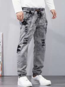 Pantalón hombre casual urbano tela flexible efecto lavado costura decorativa detalle rotos ajuste holgado cintura elástica primavera otoño diario jogger - Gris - Ver 3