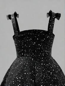 SHEIN 优雅少女蝴蝶结装饰A字荷叶边网纱吊带裙，适合晚宴和宴会穿着 - 黑色 - 查看 6