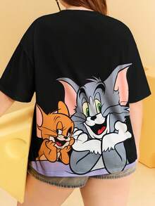 TOM & JERRY X SHEIN 大码可爱卡通图案圆领落肩短袖T恤，夏季 - 黑色 - 查看 6