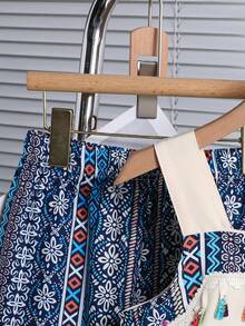 SHEIN 2 peças/Conjunto Roupa Casual Feminina, Top Tipo Camiseta com Estampa Geométrica e Decoração de Borla, Conjunto de Calça Pantalona Larga, Adequado para Uso Diário e Férias - Multicolorido - Visão 6