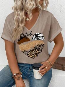 EMERY ROSE New Arrival Spring/Summer Bestselling Leopard Print Heart V-Neck Short Sleeve Plus Size Women T-Shirt - Khaki - View 5