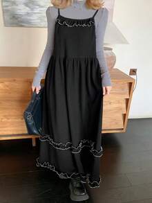 FRIFUL Vestido de verano suelto y fluido con tirantes finos, estilo casual dulce, con volantes de macramé de color contrastante y corte en línea A - Negro - Ver 3