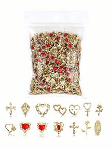 70件套金色美甲饰品套装，镶嵌水钻和宝石，饰有玫瑰、心形、十字架、圣母玛利亚吊坠等Y2K风格3D闪亮美甲装饰配件，适合DIY美甲 - 金色 - 查看 1