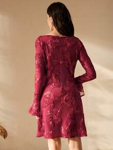 Anewsta Abito corto elegante rosso con maniche a sbuffo in rete, con lacci e ricami, adatto per eventi di matrimonio, autunno - Bordò - Visualizzare 7