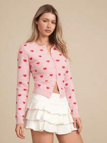 WESTFADE 圆领纽扣前开心形提花宽松版型开衫毛衣 - 粉色 - 查看 4