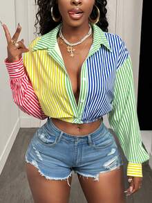 BamGleam Áo sơ mi nữ tay dài kẻ sọc, cài một hàng khuy, dáng ngắn, phong cách thường ngày. - Nhiều màu - Xem 4