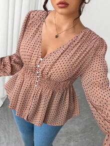 Elenzga 大码女式蓝白碎花腰部荷叶边雪纺衬衫，优雅的花卉饰边设计，适合返校、毕业典礼、情人节、音乐节、母亲节、万圣节、感恩节、复活节、国庆节、舞会、约会、派对、婚礼、户外活动等场合。 - 粉色 - 查看 1