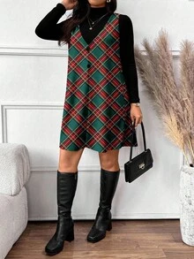 SHEIN Frenchy Plus Size Casual Solid Color Long Sleeve Top & Plaid Sleeveless Dress 2-Piece Set, Autumn/Winter Checkered Dress Women Clothes Plaid Dress Women - Multicolor - View 6