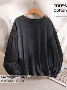 CosyJoli Women's Plus Size Knitted Round Neck Washed Black Drop Shoulder Long Sleeve Regular T-Shirt - Black - View 3