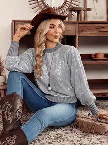 SHEIN LilyWest Áo len nữ màu trơn tay phồng đính sequin thời trang dự tiệc - Xám - Xem 6