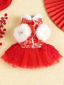 PETSIN 1 件宠物服装，猫狗新年服装，高贵公主风连衣裙，红色新年装，带蝴蝶结装饰