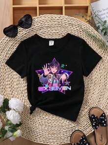 SHEIN Áo thun ngắn tay cổ tròn in chữ hoạt hình dành cho bé gái, kiểu dáng thường ngày, đa năng. - màu đen - Xem 3