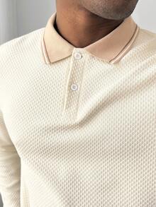 HUEFORM 男士 Ole Money 长袖纹理面料撞色 Polo 衫，适合外出和通勤穿着，杏色针织 Polo 衫，纽扣款 - 杏色 - 查看 7