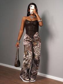 Slaydiva 2025秋冬新款街头休闲修身酒红色纹理PU抹胸背心+高腰阔腿印花裤女两件套，适合锐舞派对、生日、万圣节、聚会、圣诞节、早午餐、返校季等场合。 - 棕色 - 查看 6