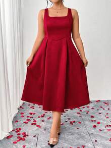 SHEIN Elenzya Plus Size Women's Elegant Red Satin Dress, Summer Sleeveless Slim Wedding Outfits, Valentine's Day - Red - View 4