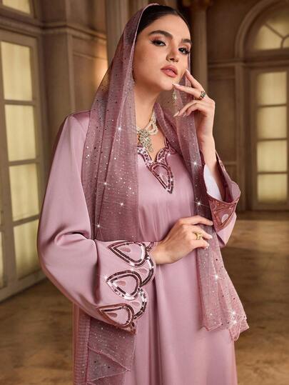 Al Najma 女士亮片拼接V领长袖优雅阿拉伯风格连衣裙