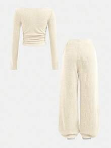 Serisse Kids 少女秋冬休闲时尚百搭罗纹露肩/露肩两用T恤套装，带口袋，搭配直筒裤，适合周末、休闲外出、返校季穿着。 - 杏色 - 查看 9