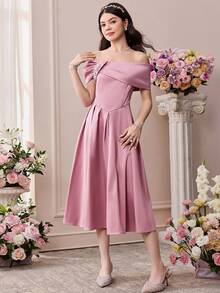 SHEIN Pitira Vestido elegante con chal tejido rosa con decoración de rhinestones para adolescentes - Rosa - Ver 4