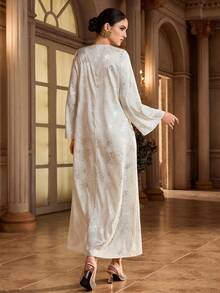 Al Najma Women's Floral Beaded V-Neck Long Sleeve Elegant Arabic Dress - Multicolor - View 2