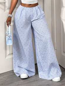 BamGleam Women's Striped Wide Leg Loose Casual Pants Vacation Boho Sexy Plain Plaid Striped Casual Cotton Pants Summer Pants Beach Pants For Women Summer Wide Leg Pants Wide Leg Summer Pants - Blue and White - View 4