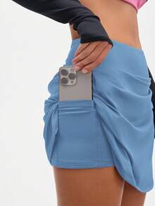 Eassivo Eassivo Váy quần ngắn màu xanh trơn cho nữ có túi khóa kéo, váy thể thao màu đen, váy chạy bộ thể thao, váy quần thể thao cho nữ, váy tập thể dục, váy quần nữ có túi - Xanh da trời - Xem 3