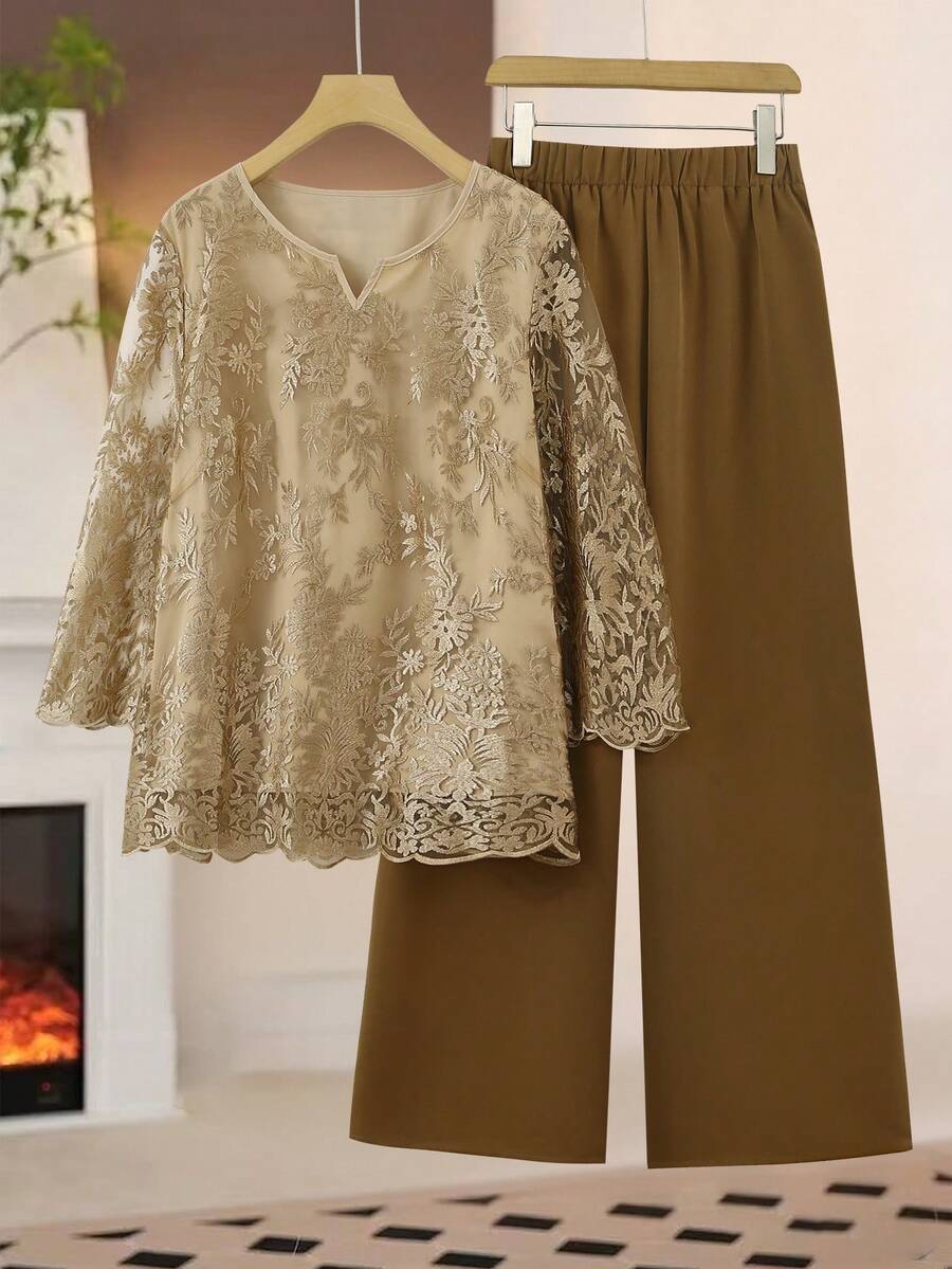 Lacomfia 2件套 女士加大码优雅刺绣宽松休闲家居服套装，春夏款 - 彩色 - 查看 1