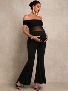 MaterniChic Maternity Solid Color Off Shoulder Jumpsuit  Party - Black - View 3