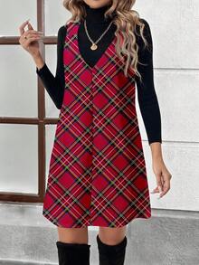 SHEIN LUNE 休闲简约风红色格子印花图案女式休闲简约设计短款连衣裙，适合秋冬季穿着 - 彩色 - 查看 3