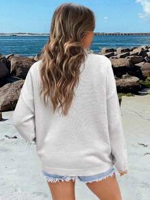 SoleilVie Usa Flag Design Drop Shoulder Sweater,Long Sleeve Tops Knit Pullover Fall Winter Sweater - White - View 2