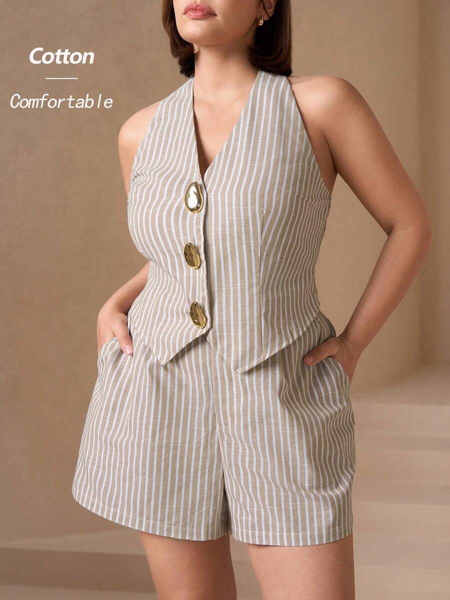 Chikora Plus Size Women Metal Single-Breasted Striped Halter Top And Shorts Casual 2 Pieces Set Short Jumpsuit For Women Cotton Rompers For Women Summer Suits For Women Winter Clothes For Women  Christmas Outfit For Women   New Year Clothes New Year's Outfit For Women Swing Suit Women Curve Rompers