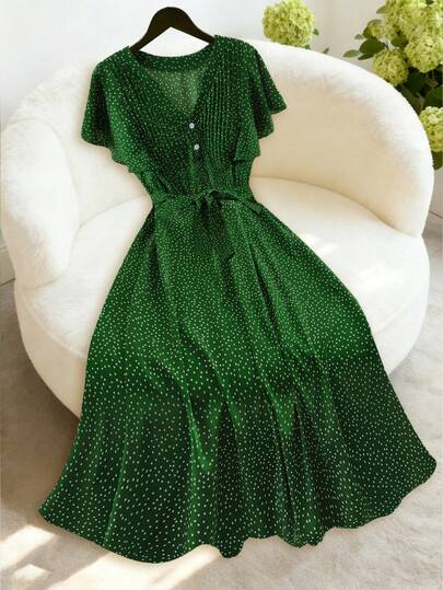 GlowEve CURVE Plus Size Women's Polka Dot Print V-Neck Puff Sleeve Ruched Waist A-Line Dress With Bow Tie Design, Casual Commuter Elegant Vintage Versatile French Sweet Romantic Date Holiday Maxi Dress, Early Spring/Spring-Summer