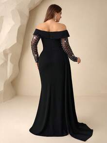 Coutiva Plus Size Women Faux Pearl Decor Mesh Patchwork Long Sleeve Flowy Elegant Formal Evening Gown Plus Size Off The Shoulder Elegant Dress Plus Size Black Evening Gown Plus Size Black Cocktail Dress Off The Shoulder Plus Size Dress Plus Size Curve Elegant Dress Plus Size Evening Gown Plus Size Black Elegant Dress Plus Size Corset Dress Valentines Dress Elegant Dress Sequin Dress Floral Dress Luxury - Black - View 3