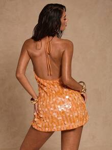 Glamine 女士短款连衣裙，亮橙色亮片装饰，优雅适合派对、约会、节日、新年等场合。 - 橘色 - 查看 2