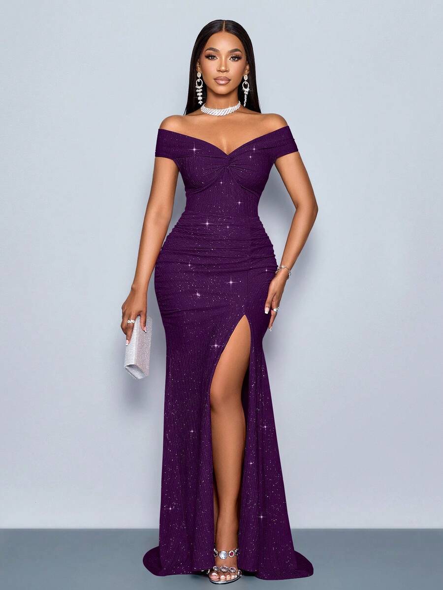 SOLERSUN 适合圣诞派对度假和约会优雅的勃艮第酒红色优雅扭曲露肩露背肩带高开叉美人鱼连衣裙，带有金属光泽的长款女装 - 紫色 - 查看 1