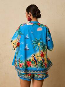 Travachic 大码女式印花短袖和服衬衫及短裤休闲两件套 - 藍色 - 查看 2