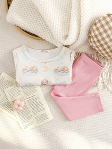 SHEIN 女婴休闲舒适卡通印花针织长袖上衣+修身撞色弹力针织裤T恤套装，适合日常穿着，秋冬季 - 粉色 - 查看 3