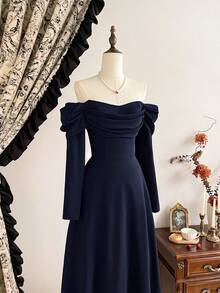 Vintamour Vintage Elegant Navy Blue Midi Formal Dress For Women,Autumn Dining Christmas Party Outfit,Off Shoulder Long Sleeve New Year's Eve Graduation Dresses - Navy Blue - View 2
