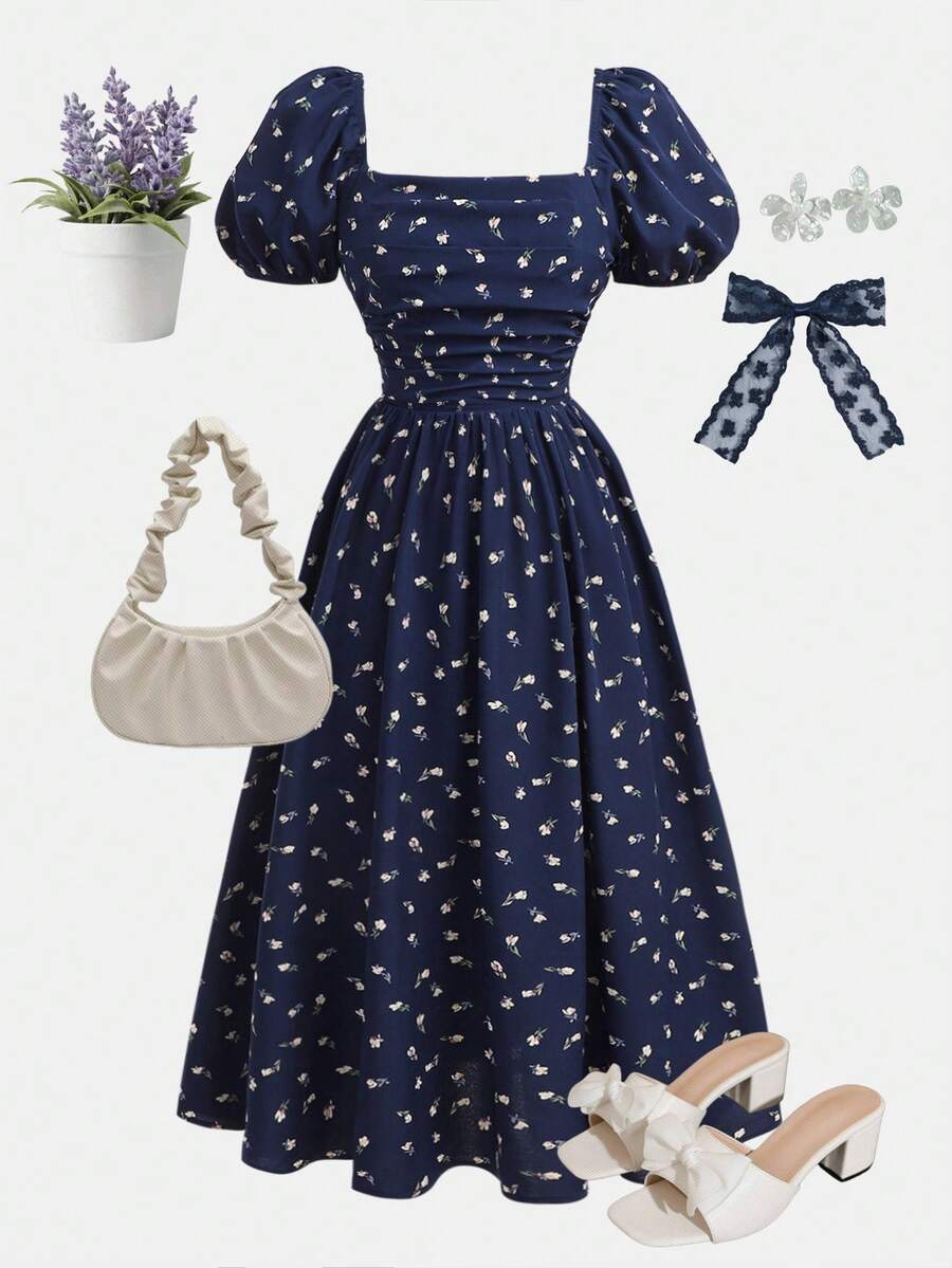 Girlism 少女春夏藏蓝色碎花泡泡袖褶皱腰A字中长连衣裙，优雅碎花，奢华度假风，情人节，假日 - 藏蓝色 - 查看 1