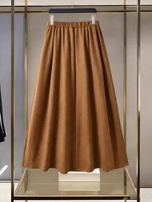 Modelyn Chân váy da lộn dáng chữ A thanh lịch dành cho nữ cỡ lớn, eo chun, rộng rãi và tôn dáng, thời trang. - màu nâu - Xem 2