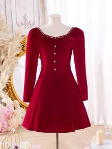 Mädchen Neues Samt Rotes Weihnachtskleid mit Schleife, geeignet für Herbst/Winter, hochwertige Qualität, weiches Samtmaterial, Perlenkragen mit quadratischem Ausschnitt, geeignet für Weihnachten und Alltagsanlässe - Rot - Übersicht 3