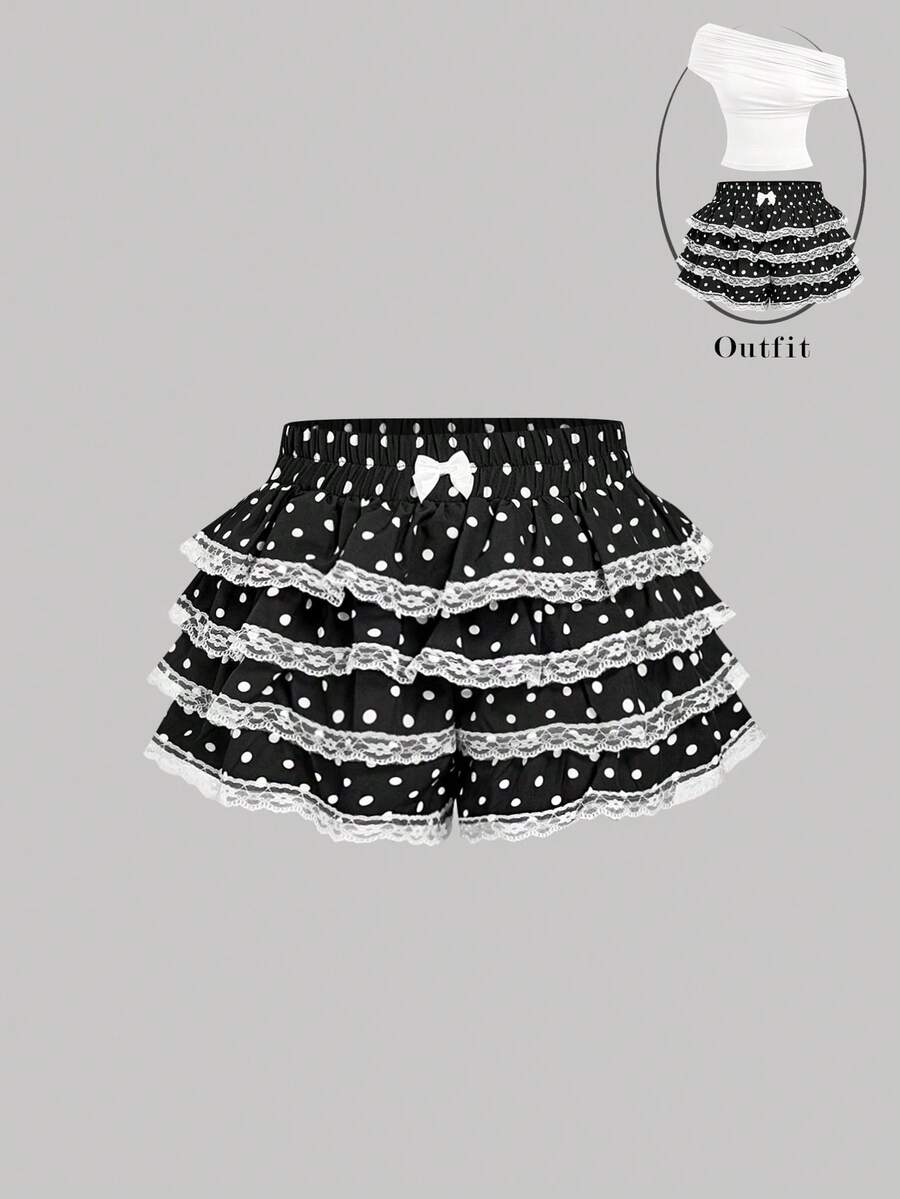 SHEIN MOD 黑白波点荷叶边层叠半身裙 - 黑與白 - 查看 1