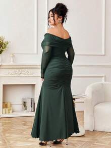 Modelyn Đầm dự tiệc tối tay dài hở vai lưới màu xanh ngọc lục bảo cỡ lớn dành cho nữ - Màu xanh lá cây đậm - Xem 3