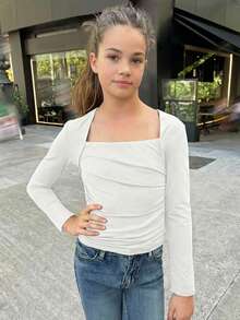 SHEIN Tween Girl Ruched Long Sleeve T-Shirt, Slit Cuffs, Waist Ruching, Square Neck T-Shirt, Autumn/Winter Top - White - View 4