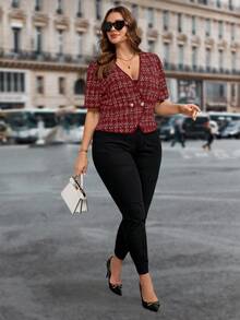 SHEIN Clasi 大码女式时尚双排扣V领短袖外套 - 酒紅色 - 查看 5