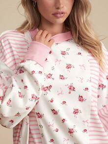 WESTFADE 圆领长袖蝙蝠袖花卉条纹混搭印花宽松卫衣，适合秋季、冬季、圣诞节、节日、新年、新年、波西米亚风、休闲场合。 - 彩色 - 查看 5